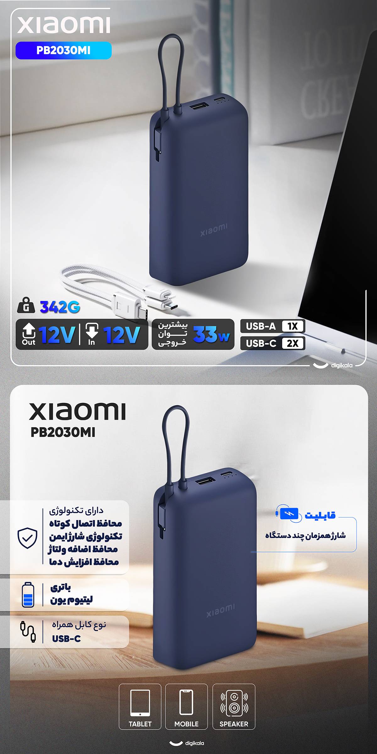 پاوربانک شیائومی ظرفیت 20000 میلی آمپر ساعت توان 33 وات اورجینال توربو ۱۰۰٪